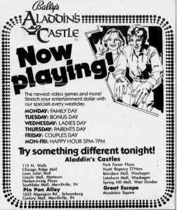 Aladdin's Castle newspaper ad. Black & white illustration of young boy and girl playing video game with text: "Now Playing!"