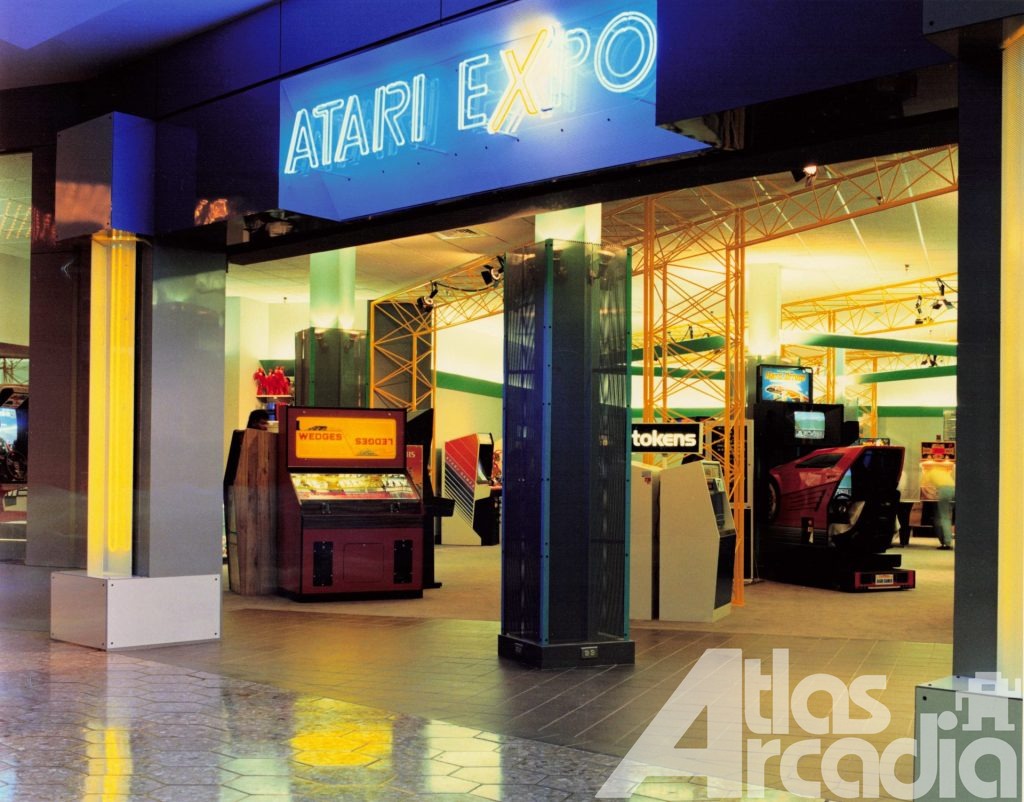 Neon-lighted entrance of Atari Expo arcade in Eastridge Mall - San Jose, CA