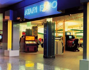 Neon-lighted entrance of Atari Expo arcade in Eastridge Mall - San Jose, CA
