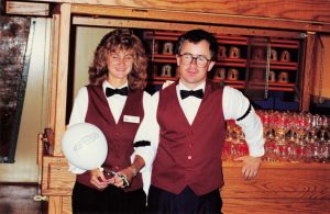 Midway staff member with employee Kevin Hayes at Barrel of Fun #13, Commander Ragtime's