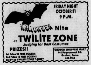 Halloween Nite advertisement for Twilite Zone arcade with cartoon bat and text "Judging for best costumes"