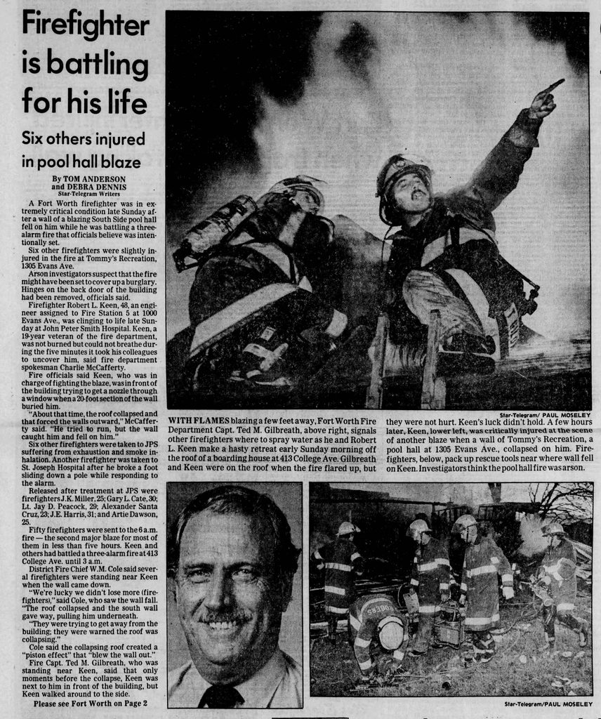 Fort Worth Star Telegram news article with headline "Firefighter is battling for his life" accompanied by black and white images of firefighters