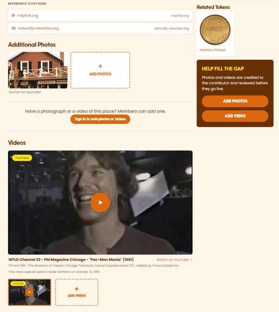 Screenshot of Mother's Pinball location page video section