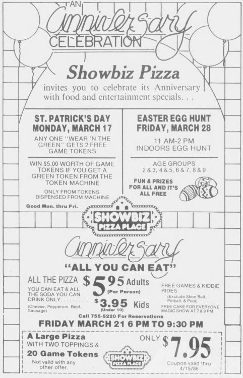 Showbiz Pizza green token promo ad
